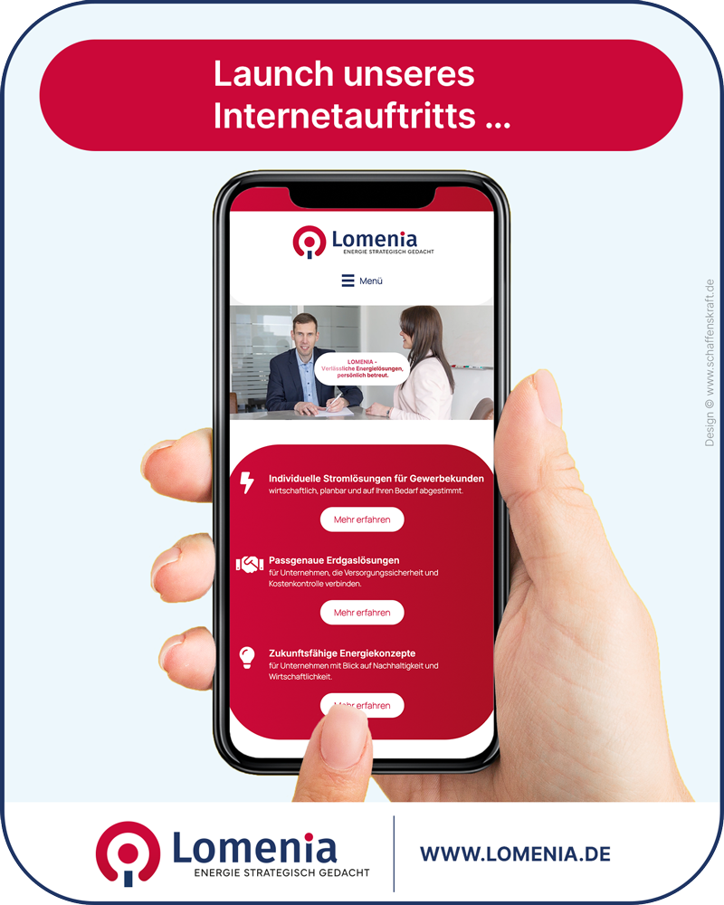 Hand holding smartphone displaying Lomenia energy website