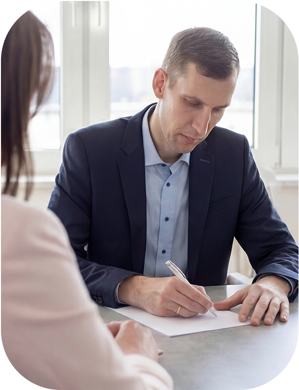 Businessman signing document at office desk