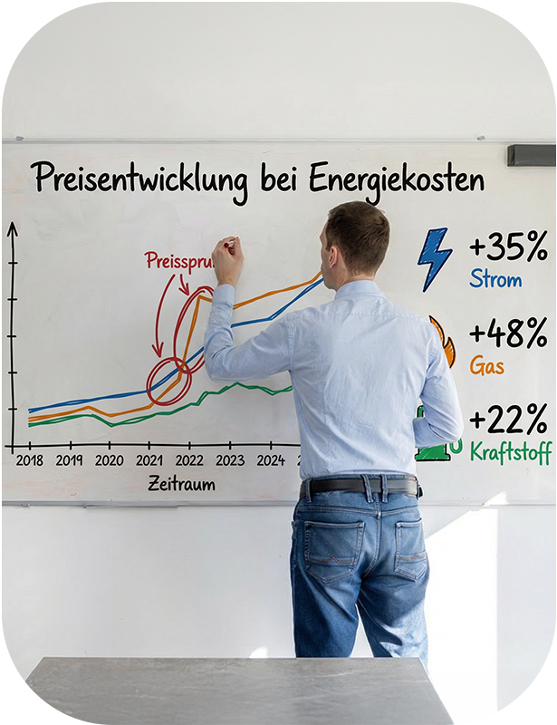 Man analyzing rising energy costs on whiteboard chart